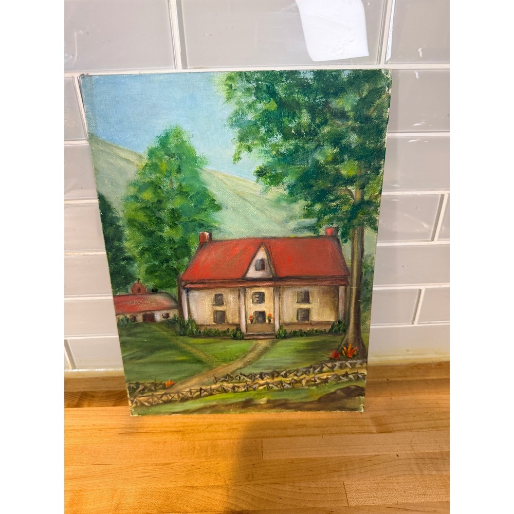 Vintage Farmhouse Landscape Oil Painting Red Roof Country Folk Art 9x12 Canvas